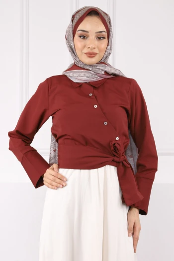 Bordo Bel Bağlamalı Crop Gömlek