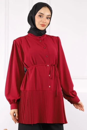 Bordo Eteği Piliseli Bel Kuşaklı Tunik