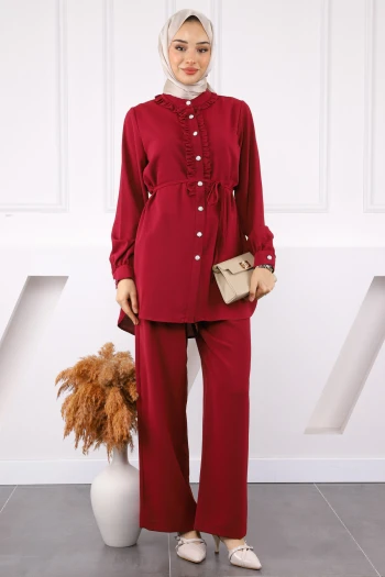 Bordo Önü Fırfırlı Tunik Pantolonlu Linda Takım