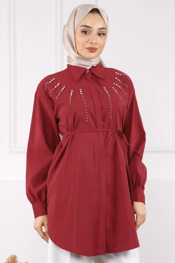 Bordo Önü Taşlı Modal Tunik