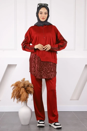 Bordo Pul Detaylı Tunik Pantolonlu Takım