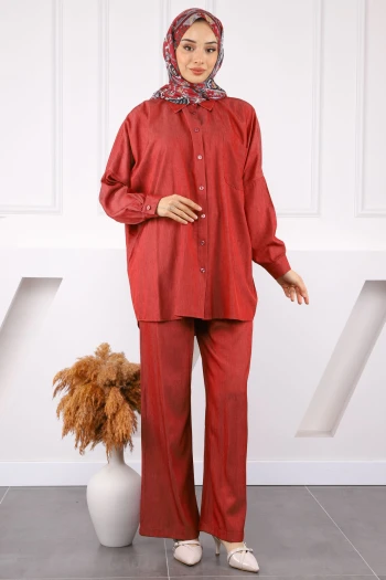 Bordo Tek Cepli Oversıze Tensel Tunik Pantolonlu Takım