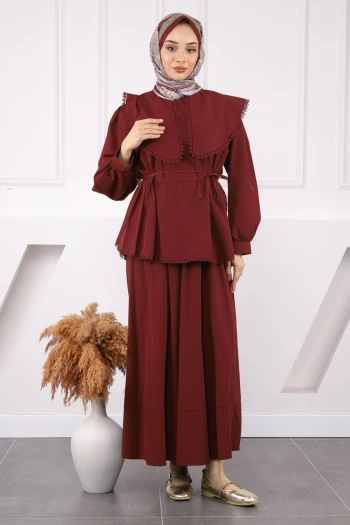 Bordo Yaka Detaylı Bluz Etekli Takım