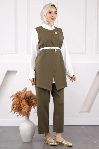 Haki Gömlek Yelek Pantolon Üçlü Kombin Takım