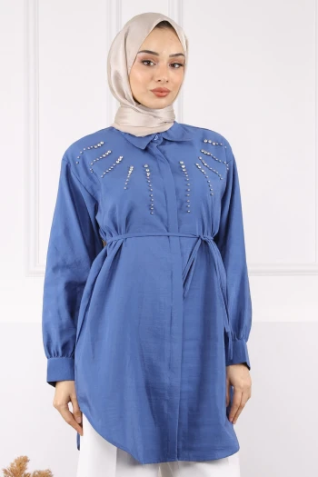 İndigo Önü Taşlı Modal Tunik
