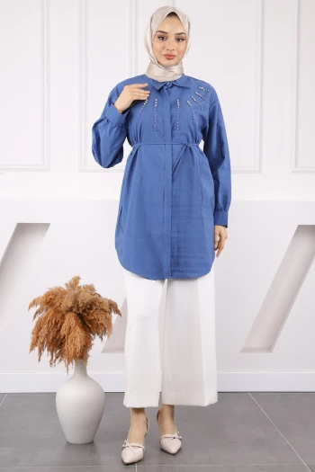 İndigo Önü Taşlı Modal Tunik