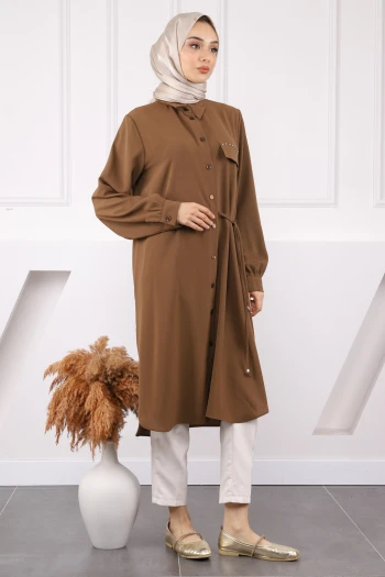 Kahve Yan Bağlamalı Linda Tunik