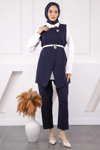 Lacivert Gömlek Yelek Pantolon Üçlü Kombin Takım