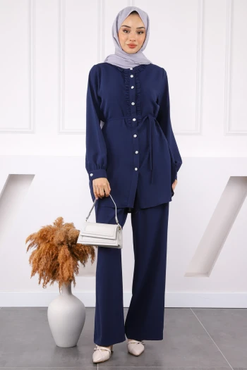 Lacivert Önü Fırfırlı Tunik Pantolonlu Linda Takım