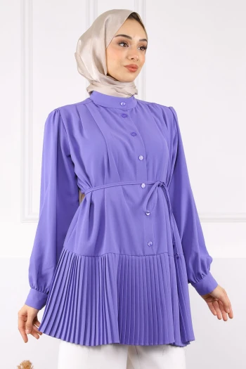 Lila Eteği Piliseli Bel Kuşaklı Tunik