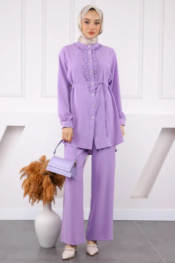 Lila Önü Fırfırlı Tunik Pantolonlu Linda Takım