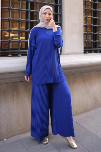 Saks Mavi Piliseli Sandy Tunik Pantolon Takım