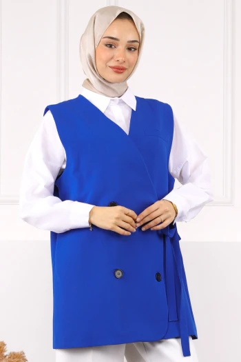 Saks Mavi Yan Bağlamalı Dügmeli Krep Yelek