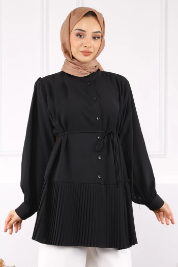 Siyah Eteği Piliseli Bel Kuşaklı Tunik