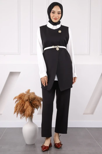 Siyah Gömlek Yelek Pantolon Üçlü Kombin Takım