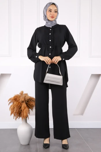 Siyah Önü Fırfırlı Tunik Pantolonlu Linda Takım