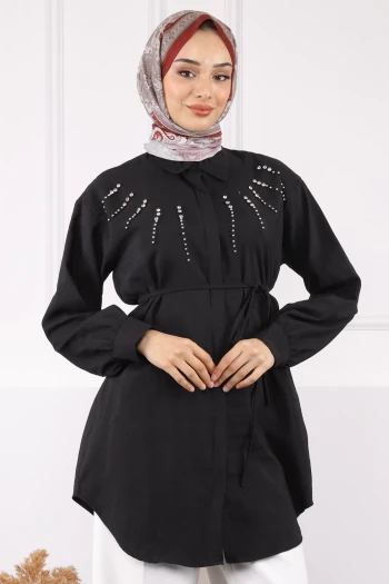 Siyah Önü Taşlı Modal Tunik
