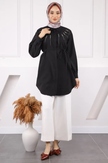 Siyah Önü Taşlı Modal Tunik