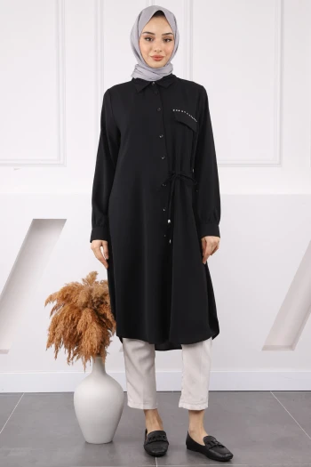 Siyah Yan Bağlamalı Linda Tunik