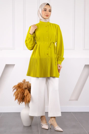 Yağ Yeşili Eteği Piliseli Bel Kuşaklı Tunik