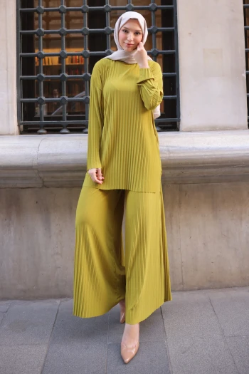 Yağ Yeşili Piliseli Sandy Tunik Pantolon Takım