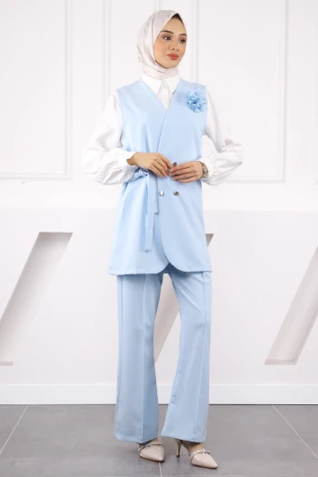 Bebe Mavi Gömlek Yelek Pantolonlu Kombin Takım
