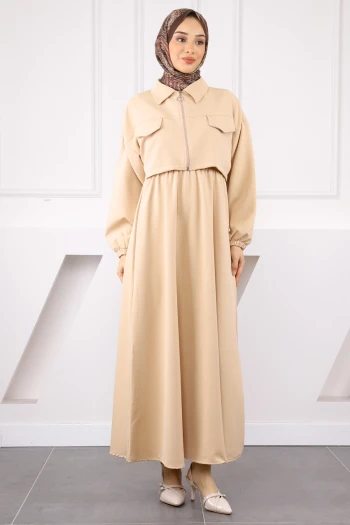 Bej Ceket Kombinli Bel Lastikli Elbise