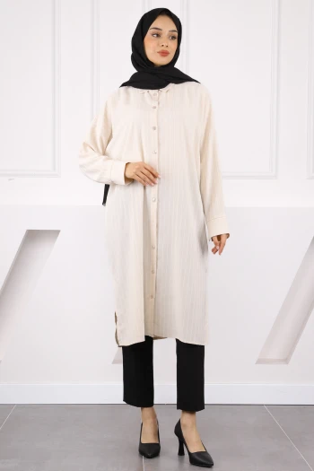 Bej Çizgili Yırtmaçlı Tunik