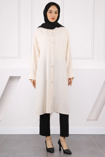 Bej Çizgili Yırtmaçlı Tunik