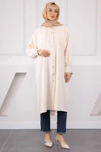 Bej Düğmeli Cepli Tunik