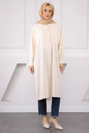 Bej Düğmeli Cepli Tunik