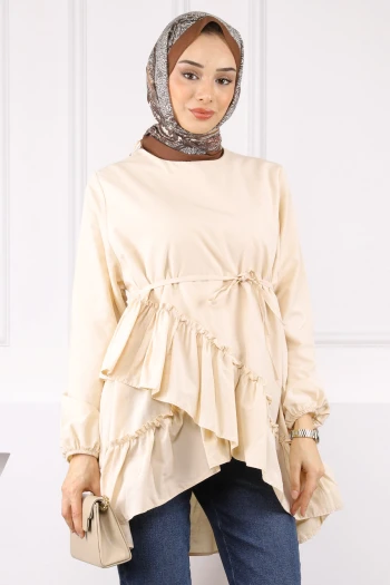 Bej Eteği Katlı Fırfırlı Tunik