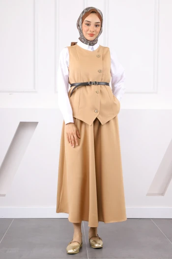 Bej Kloş Etekli Yelek Takım