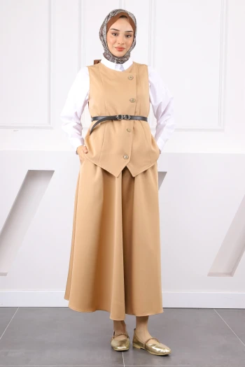 Bej Kloş Etekli Yelek Takım
