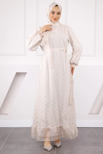 Bej Kol Bağlamalı Kuşaklı Abiye