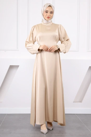 Bej Kol Düğmeli Beli Kuşaklı Saten Abiye