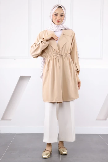 Bej Kruvaze Yaka Büzgülü Ceket