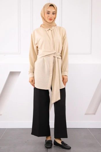 Bej Kuşak Detaylı Bürümcük Gömlek