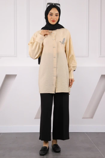 Bej Ön Taş Detaylı Gömlek
