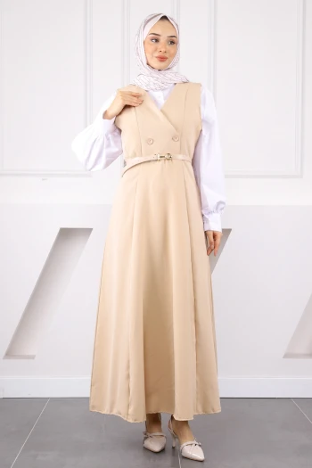 Bej Önü Düğmeli Kemerli Jile Elbise