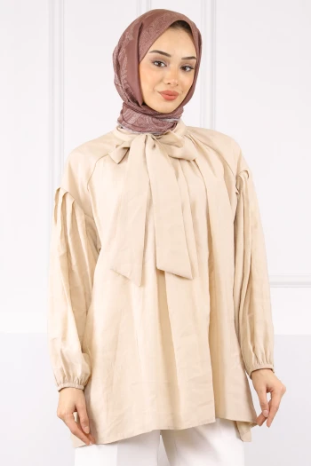 Bej Yaka Detaylı Balon Kol Tunik