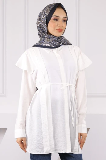 Beyaz Omuz Detaylı Bel Bağlamalı Tunik