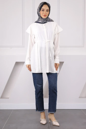 Beyaz Omuz Detaylı Bel Bağlamalı Tunik