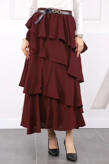 Bordo Bel Lastikli Fırfırlı Kemerli Etek
