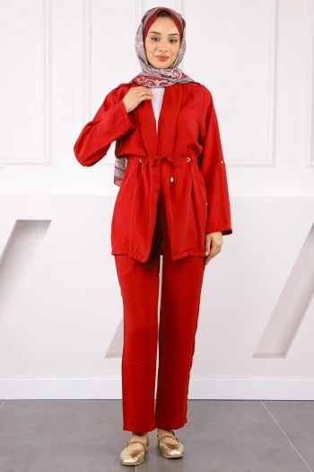 Bordo Beli İpli Ceket Pantolonlu Takım