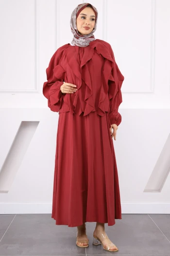 Bordo Bluz Fırfırlı Etekli Takım