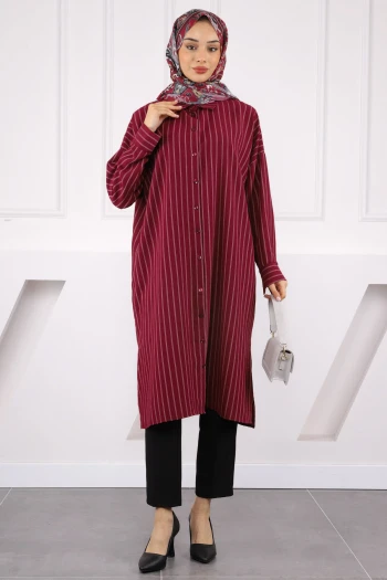 Bordo Çizgili Yırtmaçlı Tunik