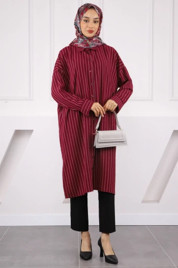 Bordo Çizgili Yırtmaçlı Tunik