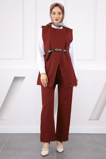 Bordo Omuz Düğmeli Yelek PantolonluTakım