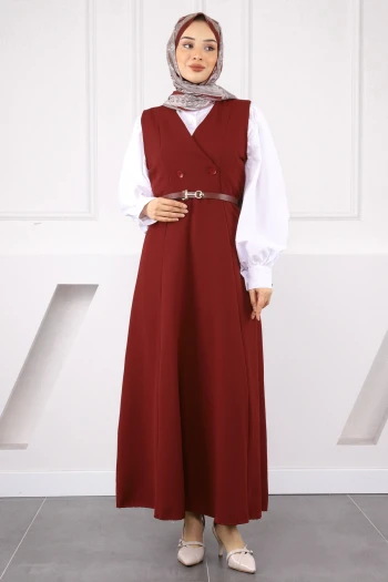 Bordo Önü Düğmeli Kemerli Jile Elbise